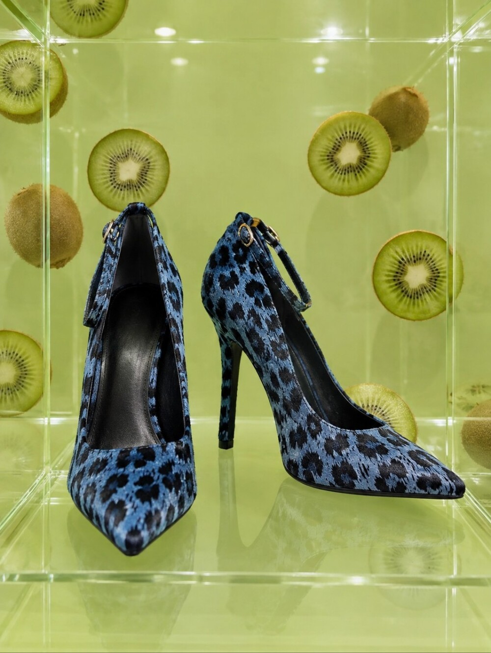 GUESS Blue and Black Leopard-Pattern Pointed Ankle-Strap Heels